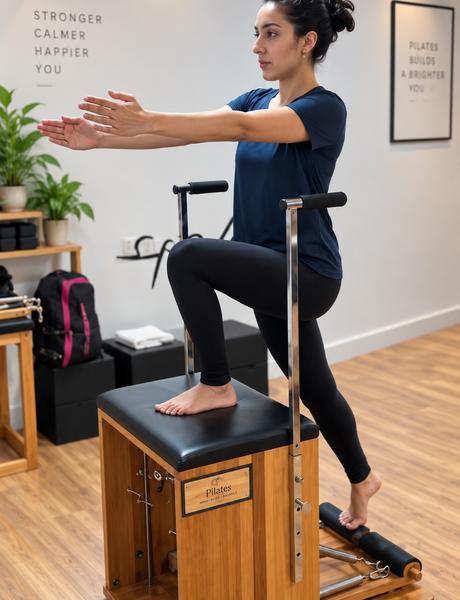 Aluna em exercício na step chair de pilates