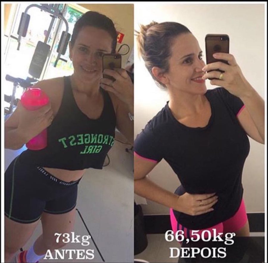 Antes e depois de aluna, de 73 kg para 66,5 kg