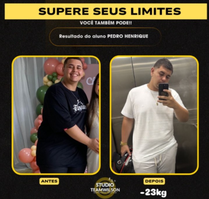 Antes e depois do aluno Pedro Henrique, menos 23 kg